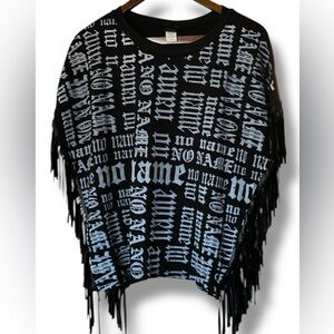 Black Graphic Poncho Style Top with Faux Leather Fringe Allover NoName Text